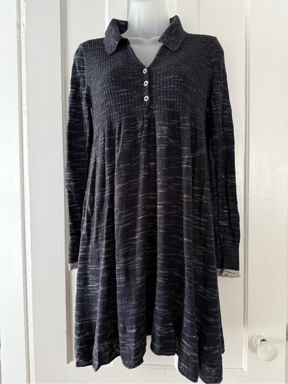 Free People Black Marled Collared Long-Sleeve Dress